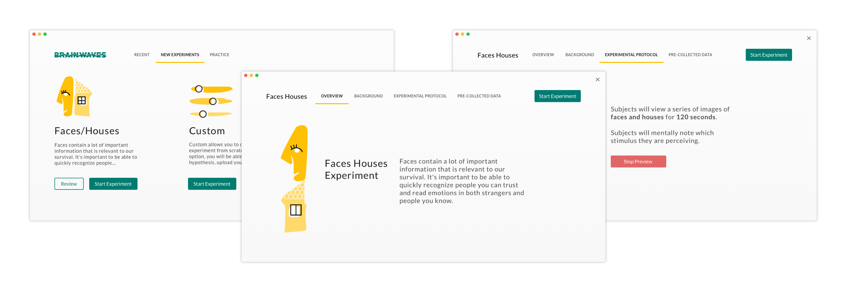 A series of high fidelity mockups of the BrainWave Application, including an Overview screen, Experiment Protocol screen, and New Experiment screen. On the collection of screens, there is an illustration of an abstract face and house and an abstract set of controls. Each screen includes a top navigation and buttons.