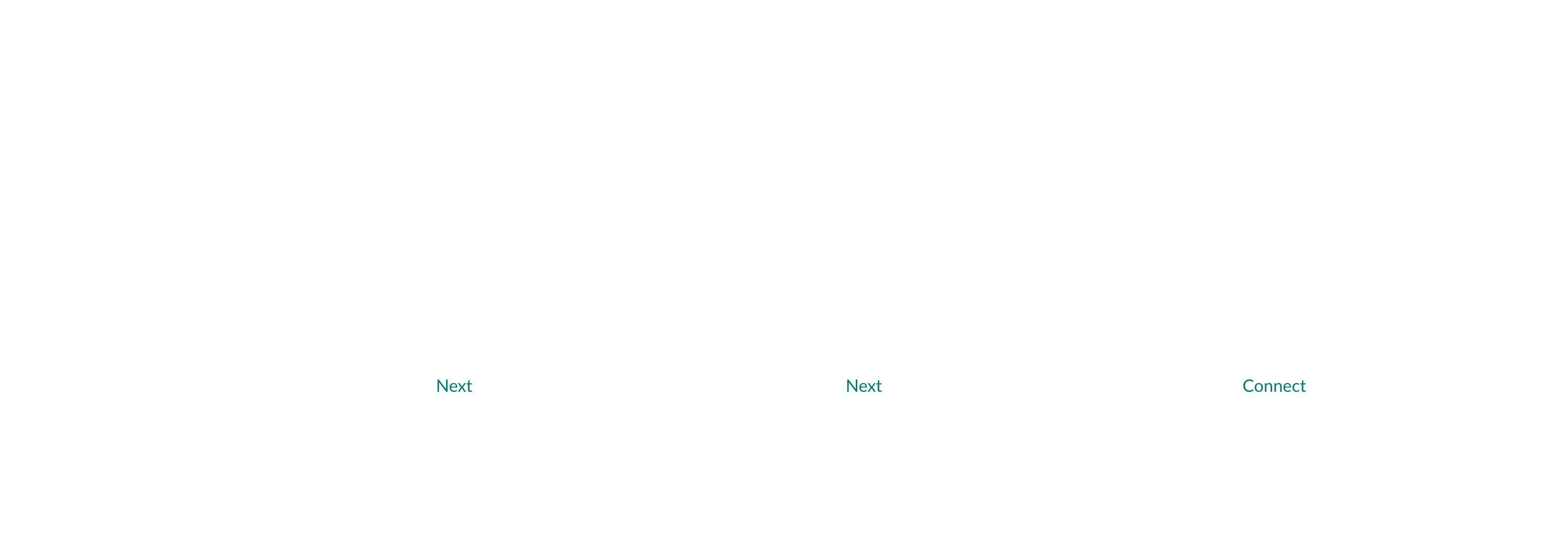 A series of high fidelity mockups of the BrainWave Application connectivity screens. The first asks users to turn on their headsets, with Next and Back buttons. The second screen asks users to insert the USB, with Next and Back buttons. The final screen shows which headsets the system found, with options to select the device, click don't see your device, Next and Back buttons