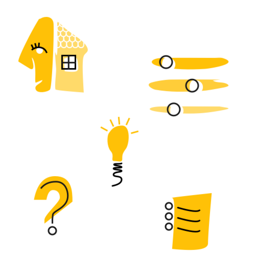 5 Illustrations, including a scene with a face and a house, a set of controls, a lightbulb, a question mark, and a document with writing.