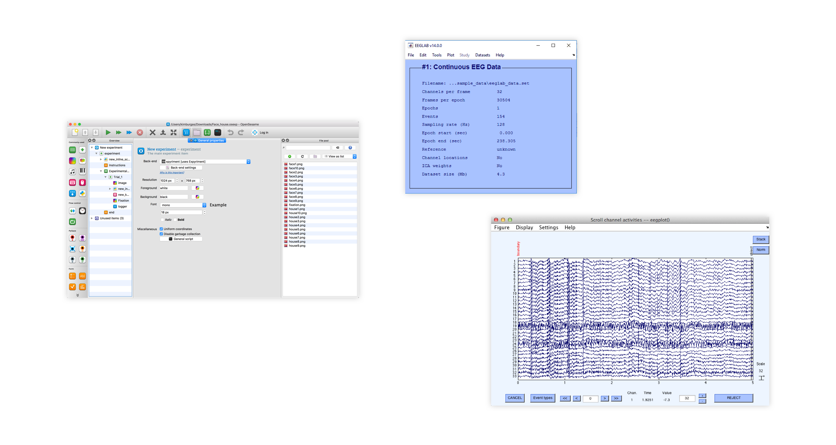 Three screenshots of software used to design and conduct EEG experiments. On the far left, a screenshot of the OpenSesame software. In the middle, a screenshot of EEG Lab and on the right, EEG plot.